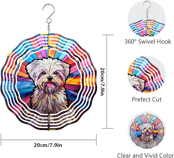 Maltese Dog Wind Spinner Pet Dog Memorial Gifts, Vibrant 3D Kinetic Aluminum Metal Yard Art, Loss of Dogs Sympathy Gifts, Hanging Outdoor Garden Decor, 8" Wind Sculptures for Patio, Porch (Maltese3)