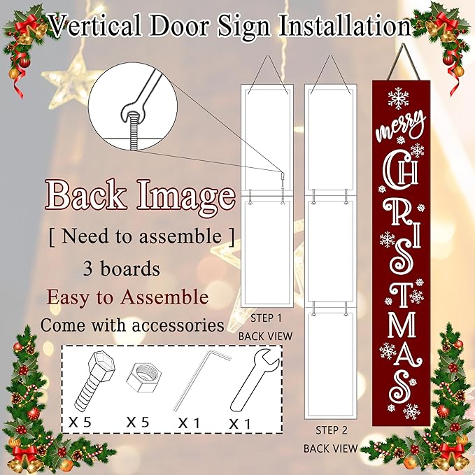 Merry Christmas Sign Xmas Front Door Hanging Decor Wooden Vertical Indoor Outdoor Porch Standing Signs For Garden Home Yard Farmhouse Porch 47.2 x 7.8 Inch