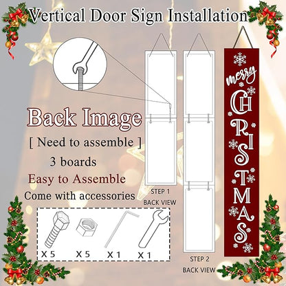 Merry Christmas Sign Xmas Front Door Hanging Decor Wooden Vertical Indoor Outdoor Porch Standing Signs For Garden Home Yard Farmhouse Porch 47.2 x 7.8 Inch