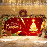 IVN Merry Christmas Garage Door Cover Decoration 13x6ft Golden Ribbon Tree on Red Holiday Christmas Banner Home Garage Door Front Yard Decor for Xmas Eve Winter Scene Holiday Outdoor Background