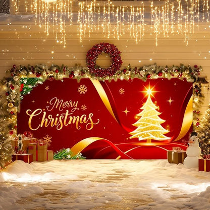 IVN Merry Christmas Garage Door Cover Decoration 13x6ft Golden Ribbon Tree on Red Holiday Christmas Banner Home Garage Door Front Yard Decor for Xmas Eve Winter Scene Holiday Outdoor Background