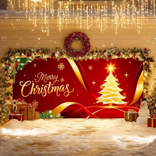IVN Merry Christmas Garage Door Cover Decoration 13x6ft Golden Ribbon Tree on Red Holiday Christmas Banner Home Garage Door Front Yard Decor for Xmas Eve Winter Scene Holiday Outdoor Background