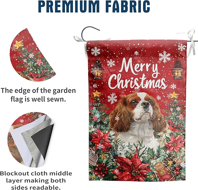 Christmas Cavalier King Charles Spaniel Garden Flag Merry Christmas Dog Yard Flag for Outside Xmas Flags 12x18 Double Sided Red Poinsettia Garden Flags Winter Porch Decorations Outdoor