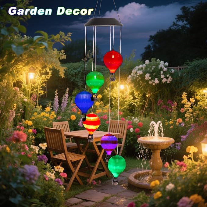 Solar Wind Chimes for Outside, Color Changing Hot Air Balloon Wind Chimes Solar Lights for Outside Garden Outdoor Patio Décor, Mother‘s Day Gifts for Mom Birthday Gifts for Women Grandma Wife Sister