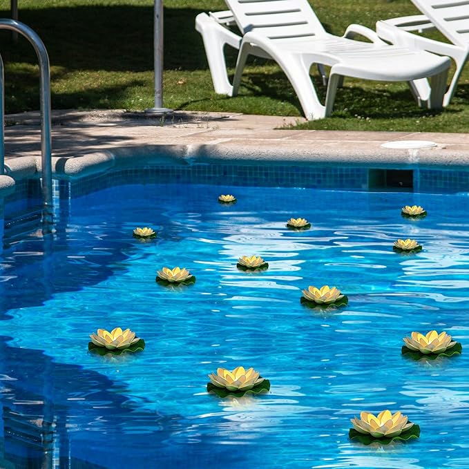 12PCS Waterproof Floating Lotus Light, 5’’+ 6’’ Floating Lily Lights Water Activated Artificial Flowers Battery Operated Warm White Light for Wedding Pool Anniversary Garden Decor