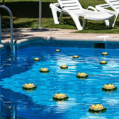 12PCS Waterproof Floating Lotus Light, 5’’+ 6’’ Floating Lily Lights Water Activated Artificial Flowers Battery Operated Warm White Light for Wedding Pool Anniversary Garden Decor