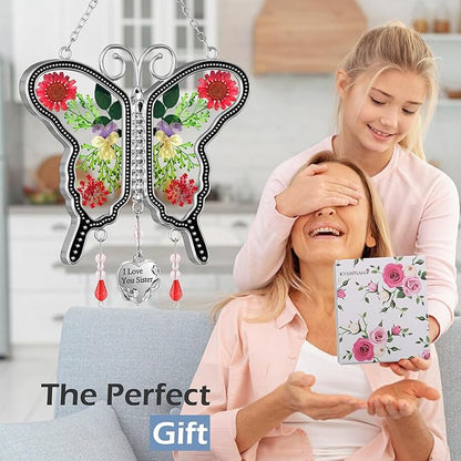 KY&BOSAM Butterfly Suncatcher I Love You Sister Stained Glass Panels Hangings for Windows Suncatchers Pressed Real Flower Wing in Glass Dream Catchers Birthday Mother`s Day Wind Chimes
