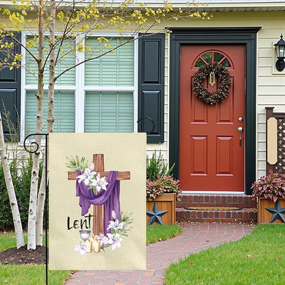 Lent Garden Flag 12x18 Inch Christian Easter Yard Flags with Cross Purple Cloth Lilies and Candles Religious Spring Outdoor Banner for Ash Wednesday Resurrection Faith Church Home Porch Decor