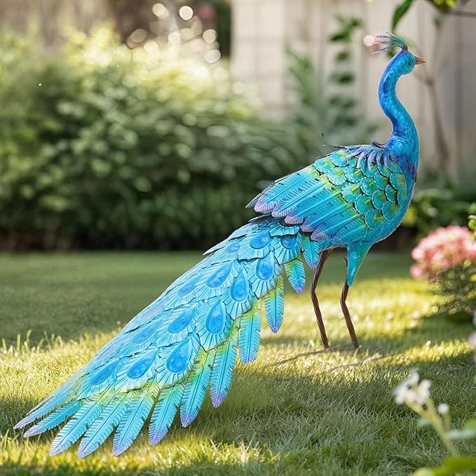 31" L Metal Peacock Garden Statue, Handcrafted Walking Peacock Large Outdoor Yard Art Decor with Iridescent Blue & Green Finish & Ground Stakes, Lifelike Sculpture for Garden Lawn Flowerbed