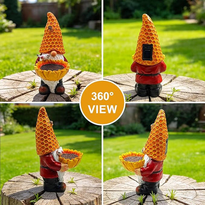 Solar Gnome Garden Statue with Honeycomb Hat & Sunflower Bird Feeder - Outdoor Decor with LED Lights for Patio, Lawn, Yard, Porch, Backyard,Best Garden Gifts for Mothers Day, Housewarming, Festival