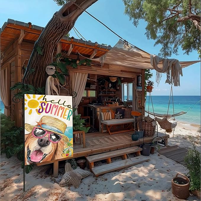 Hello Summer Garden Flags for Outside, Dog with Sunglass Beach Sun Hat Yard Decoration, Small Seasonal Outdoor Decor for Spring Farmhouse Holiday,12x18 Inch Double Sided