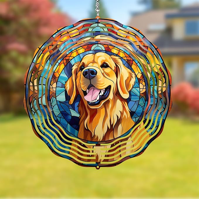 Golden Retriever Wind Spinner Pet Dog Memorial Gifts, Vibrant 3D Kinetic Aluminum Metal Hanging Outdoor Garden Decor, Loss of Dogs Sympathy Gifts, 8" Wind Sculptures for Patio, Porch Yard Art (GR7)