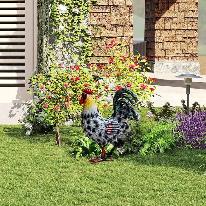 Metal Rooster Yard Decor,16 in Outdoor Chicken Statue Decoration for Patio Lawn Garden,3D Rooster Garden Statues,Chicken Yard Art Sculpture Outdoor Figurines,Metal Chicken Decor,1 Pcs (3 Color)