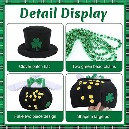 Watayo 4 Pcs/Set St. Patrick's Day Porch Goose Outfits, Shamrock Gold Coin Lawn Goose Statue Costume, Irish Clover Pot Garden Goose Clothes with Hat Bead Necklaces for 23" High Statue Patio Yard Decor