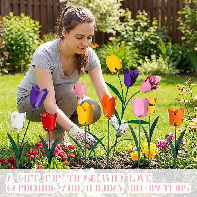 Yookeer Set of 6 Spring Metal Tulips Yard Signs with Stakes Metal Waterproof Spring Decor Garden Stakes for Garden Outdoor Lawn Yard Party Decoration