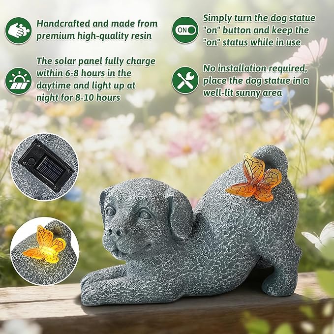 Solar Dog with Butterfly Light Statue, Outdoor Resin Puppy Garden Decor, Solar Powered Dog Figurine for Yard Patio Lawn, Waterproof Memorial Gift for Pet Lovers