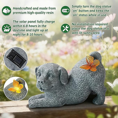 Solar Dog with Butterfly Light Statue, Outdoor Resin Puppy Garden Decor, Solar Powered Dog Figurine for Yard Patio Lawn, Waterproof Memorial Gift for Pet Lovers