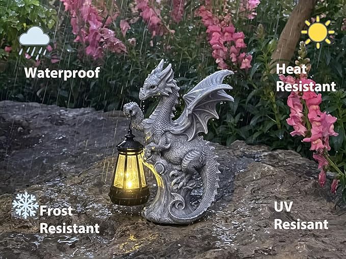 JORAE Dragon Statue with Solar Lantern Outdoor Figurine Gothic Garden Decor for Patio Balcony Lawn Yard Sculpture Resin, 9.5" H