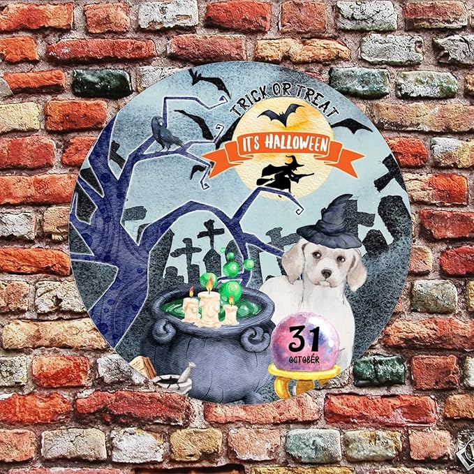 Retro Metal Sign 12"x12",Happy Halloween Scary Night Grave Witch Bats Trick Or Treat Dog Aluminum Tin Metal Sign for Home Living Room Bedroom Garden Farm Patio Decor Wall Art Poster
