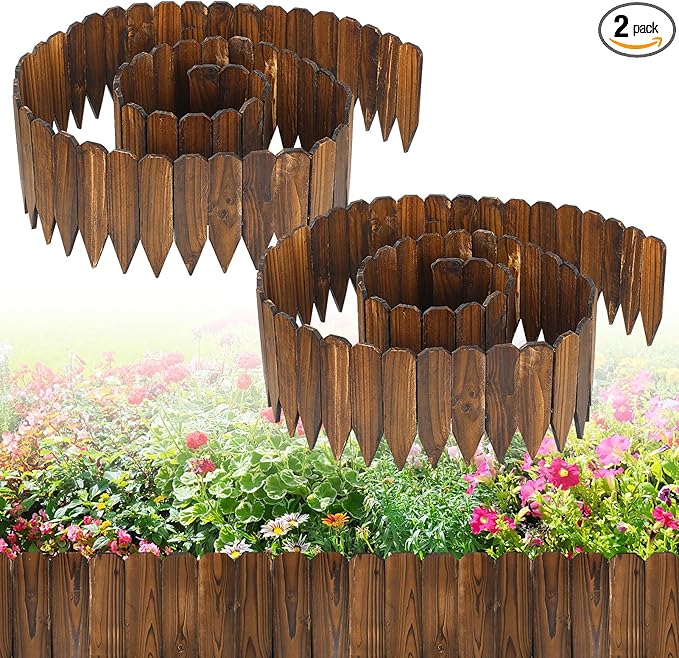 Rustic Pine Wood Garden Fence - 26.2ft Total Length (2pcs 13.1ft L*12in H) Easy to Install Sturdy Wooden Landscape Edging Border, No Fading Planter Fencing for Yard Flower Bed Lawns Pathway Tree