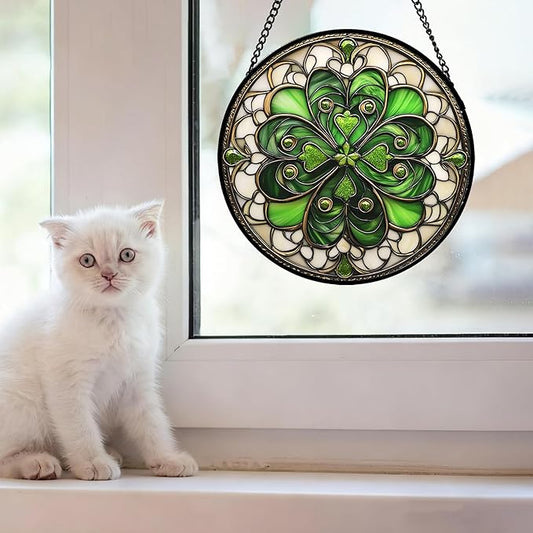 DASTOLL Stained Glass Window Hanging St. Ripak Festival Green Lucky Clover 9.8" - Suncatcher Door Garden Sun Catcher Ireland Decor Mother's Day for Mom Woman Her Men Sisters