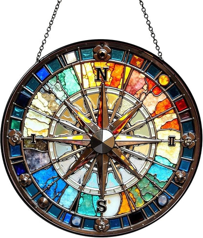 Compass Stained Glass Window Hanging Compass Sun Catcher Decor New House Decor Christmas Suncatchers for Home Windows Hanging Decoration, 7.87inch
