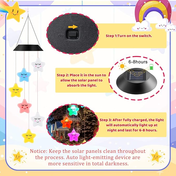GlikCeil Star Solar Wind Chimes 27.5inch Outside Waterproof Hanging LED for Yard, Porch, Patio, Pajama Party, Color Changing Lights(Sleeping Star)