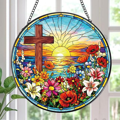 Rngmsi Cross Stained Glass Window Hanging, 8 Inch Wildflower Sunset Sun Catcher Gift, Religious Easter Faith Christian Gifts for Wall Art Hanging Decorations