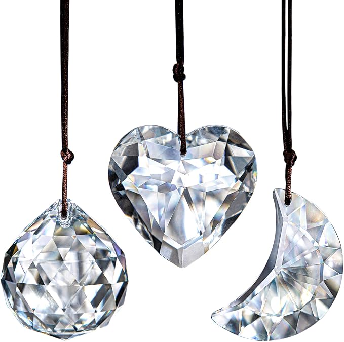 H&D HYALINE & DORA Clear Suncatcher Crystal Prism Ball Heart Moon Window Decor Ornament,Hanging Crystals Prisms for Car Garden,Pack of 3