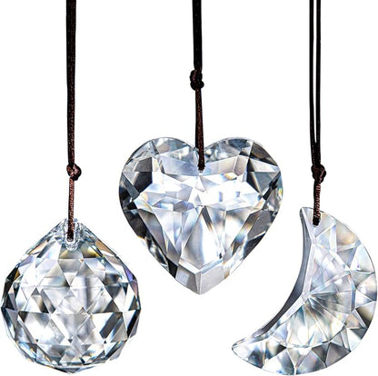 H&D HYALINE & DORA Clear Suncatcher Crystal Prism Ball Heart Moon Window Decor Ornament,Hanging Crystals Prisms for Car Garden,Pack of 3
