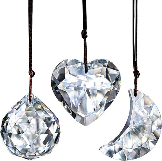 H&D HYALINE & DORA Clear Suncatcher Crystal Prism Ball Heart Moon Window Decor Ornament,Hanging Crystals Prisms for Car Garden,Pack of 3