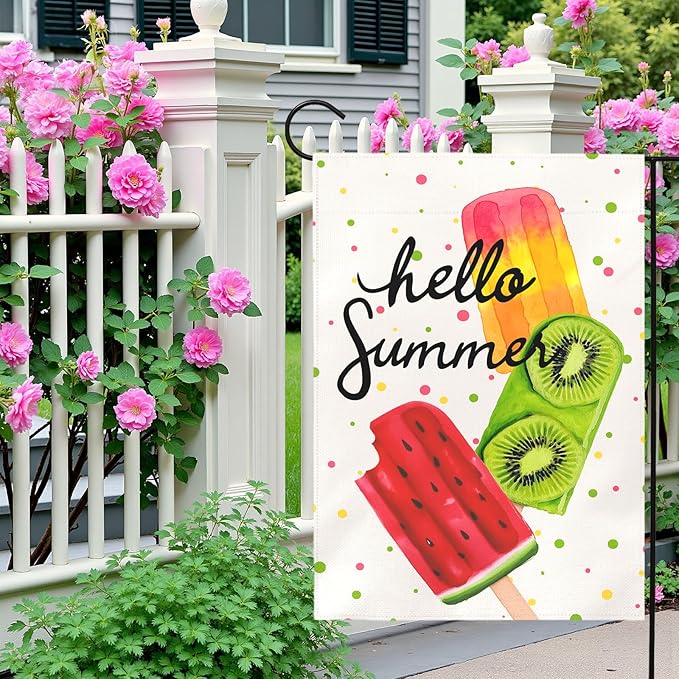 Hello Summer Garden Flag Colorful Popsicle Ice Cream Outdoor Yard Flags Lawn Porch Patio Summer Party Pool Decor Watermelon Kiwi Fruit Theme Seasonal House Banners Home Decoration 12x18 Inch