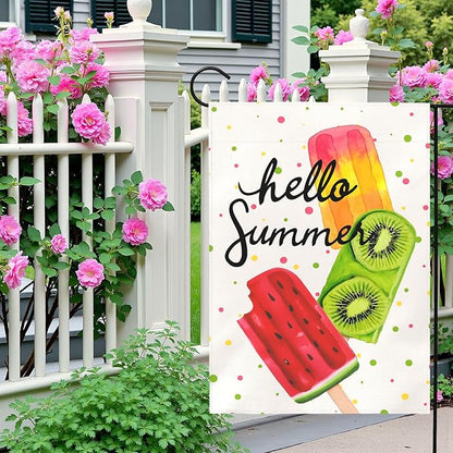 Hello Summer Garden Flag Colorful Popsicle Ice Cream Outdoor Yard Flags Lawn Porch Patio Summer Party Pool Decor Watermelon Kiwi Fruit Theme Seasonal House Banners Home Decoration 12x18 Inch
