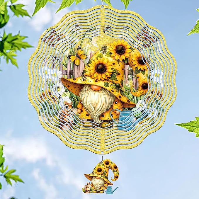 Gnomes Hanging Wind Spinner Outdoor - Gnome Gifts for Women, Stainless Steel Wind Sculpture Sunflower Art Ornaments with Card for Garden Balcony Patio Yard Lawn Decorations