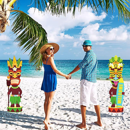 Queekay 2 Pcs Tiki Yard Sign Luau Hawaiian Tropical Party Decoration Outdoor Tiki Bar Sign with Stakes for Summer(Novelty Style)
