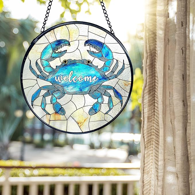 kdqua Coastal Beach Crab Welcome Suncatcher Stained Glass Window Hanging, Ocean Marine Crab Sun Catchers Indoor Window Glass Round Wall Decor, Beachy Wall Art Hanging Decorations Statues, 7.9x7.9in