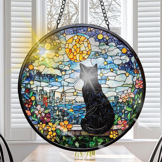 VAIIEYO Black Cat Sun Catcher Stained Glass Window Hanging Ornament, Handmade Sun Catcher Animal Decoration with Hooks for Window Garden Home, Christmas & Birthday Housewarming Gift (7.8 inch)