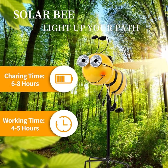 Metal Bee with Solar Light Eyes Bee Yard Art Garden Decorations - Decorative Garden Stakes for Garden Lawn Fence Backyard Patio Outdoor Wall Art Gifts