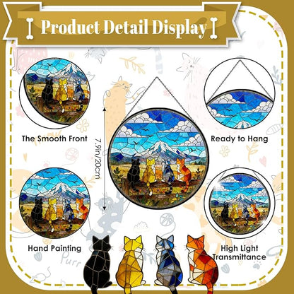 Cats Stained Glass Window Hanging - 4 Cats on a Fence Suncatcher for Window Doors Home Decor - Blue Sky Mountain Sun Catchers - Christmas Mother's Day Birthday Gifts for Mom Women Men, 7.9in