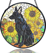 kdqua German Shepherd Sunflower Suncatcher Stained Glass Window Hanging, German Shepherd Gifts Sun Catchers Indoor Window Glass Round Wall Decor, Dog Wall Art Hanging Decorations Statues, 7.9x7.9in