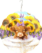 10x10 Inch Wind Spinner Outdoor Hanging Highland Cow Sunflower Lavender Metal Kinetic Spiral Ornament for Yard Garden Patio Porch Balcony Tree Window Decor Gift