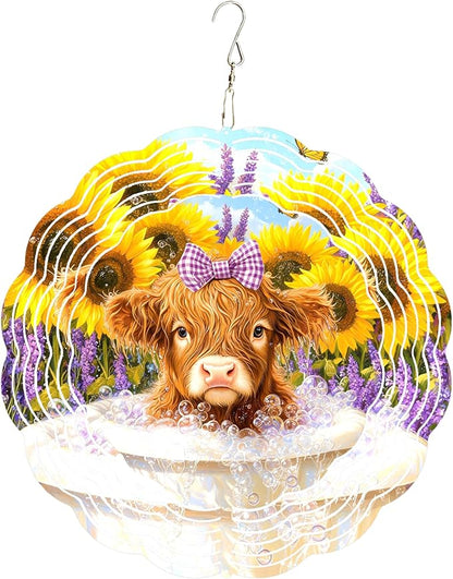 10x10 Inch Wind Spinner Outdoor Hanging Highland Cow Sunflower Lavender Metal Kinetic Spiral Ornament for Yard Garden Patio Porch Balcony Tree Window Decor Gift