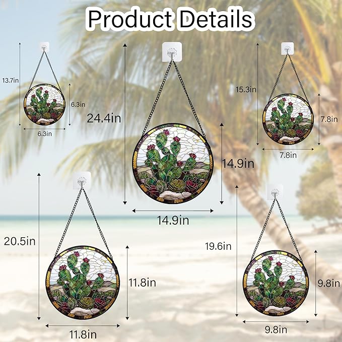 DASTOLL Stained Glass Window Hanging,Green Cactus Purple Flowers Suncatcher Diamond Glass Panel Sun Catchers Decor for Birthday for Women, Men, Wife, Aunt, and Mom 14.9x14.9 in