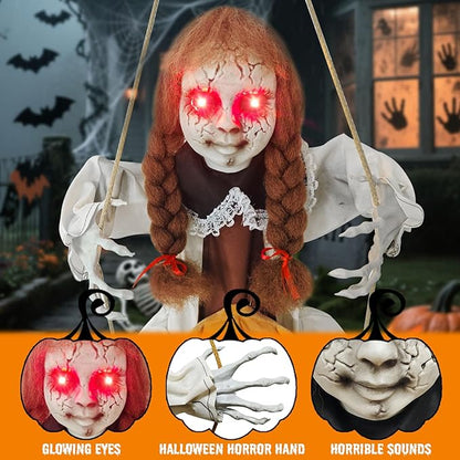 Outdoor Hanging Swinging Girl Halloween Decorations,Lighted Creepy Doll Halloween Dolls Scary Props for Garden Yard Lawn and Haunted House Decorations