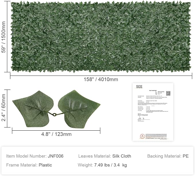 VEVOR Artificial Ivy Privacy Fence Screen, 59 x 158 in Faux Ivy Vine Leaf Hedges Fence, Greenery Privacy Fence with Mesh Cloth Backing, Green Wall Decoration for Outdoor Garden, Yard, Balcony