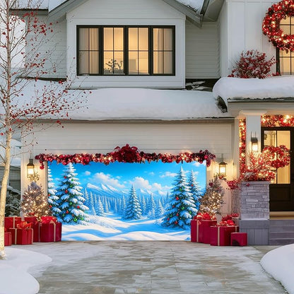 IVN Christmas Garage Door Cover Decoration 13x6ft Snow Covered Pine Trees Blue Mountain Forest Scene Merry Christmas Winter Garage Door Banner Home Door Front Yard Decor for Xmas Eve Holiday Outdoor