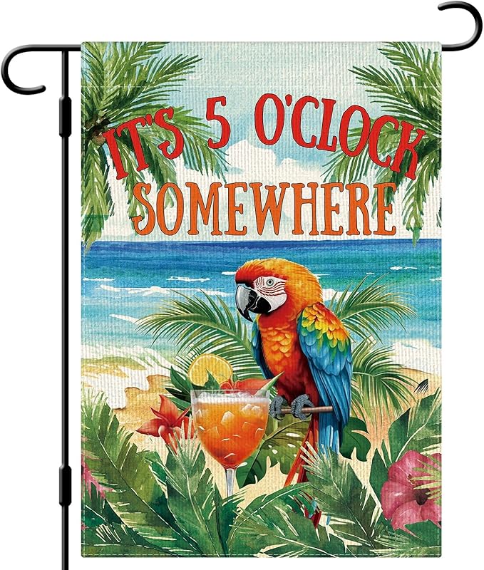 DLZDN Summer Parrot Bird Garden Flag It's 5 O'Clock Somewhere Garden Flag 12×18 Inch Double Side Vertical Burlap Farmhouse Yard Flag Summer Nautical Tropical Ocean Outdoor House Decoration