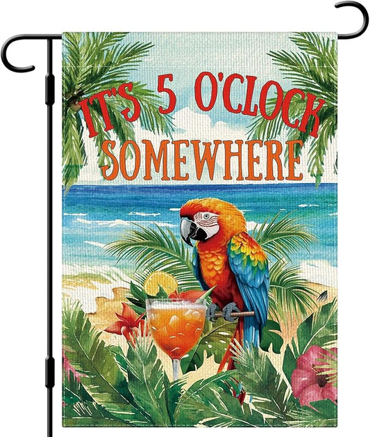 DLZDN Summer Parrot Bird Garden Flag It's 5 O'Clock Somewhere Garden Flag 12×18 Inch Double Side Vertical Burlap Farmhouse Yard Flag Summer Nautical Tropical Ocean Outdoor House Decoration