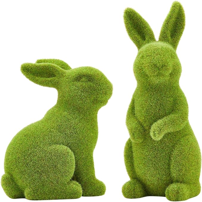 Easter Rabbit Decoration Horticulture Green Flocking Moss Sculpture Decoration Desktop Living Room Garden Easter Gift (Small 2PCS Standing+Sitting)