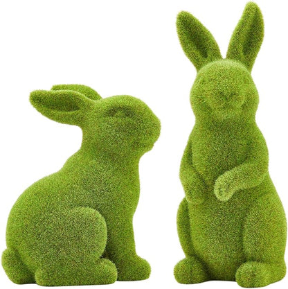 Easter Rabbit Decoration Horticulture Green Flocking Moss Sculpture Decoration Desktop Living Room Garden Easter Gift (Small 2PCS Standing+Sitting)